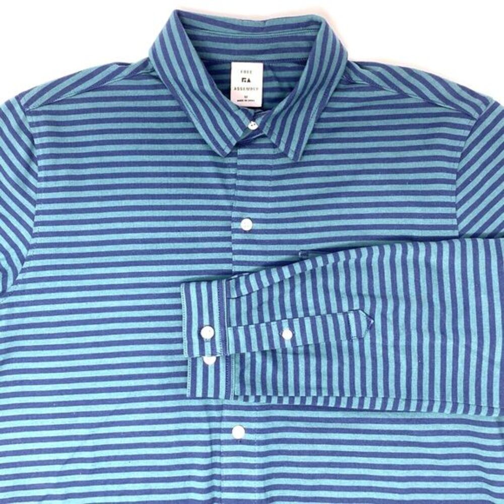 Free Assembly Navy & Green Horizontal Stripes Mens Long Sleeve Shirt Size Medium